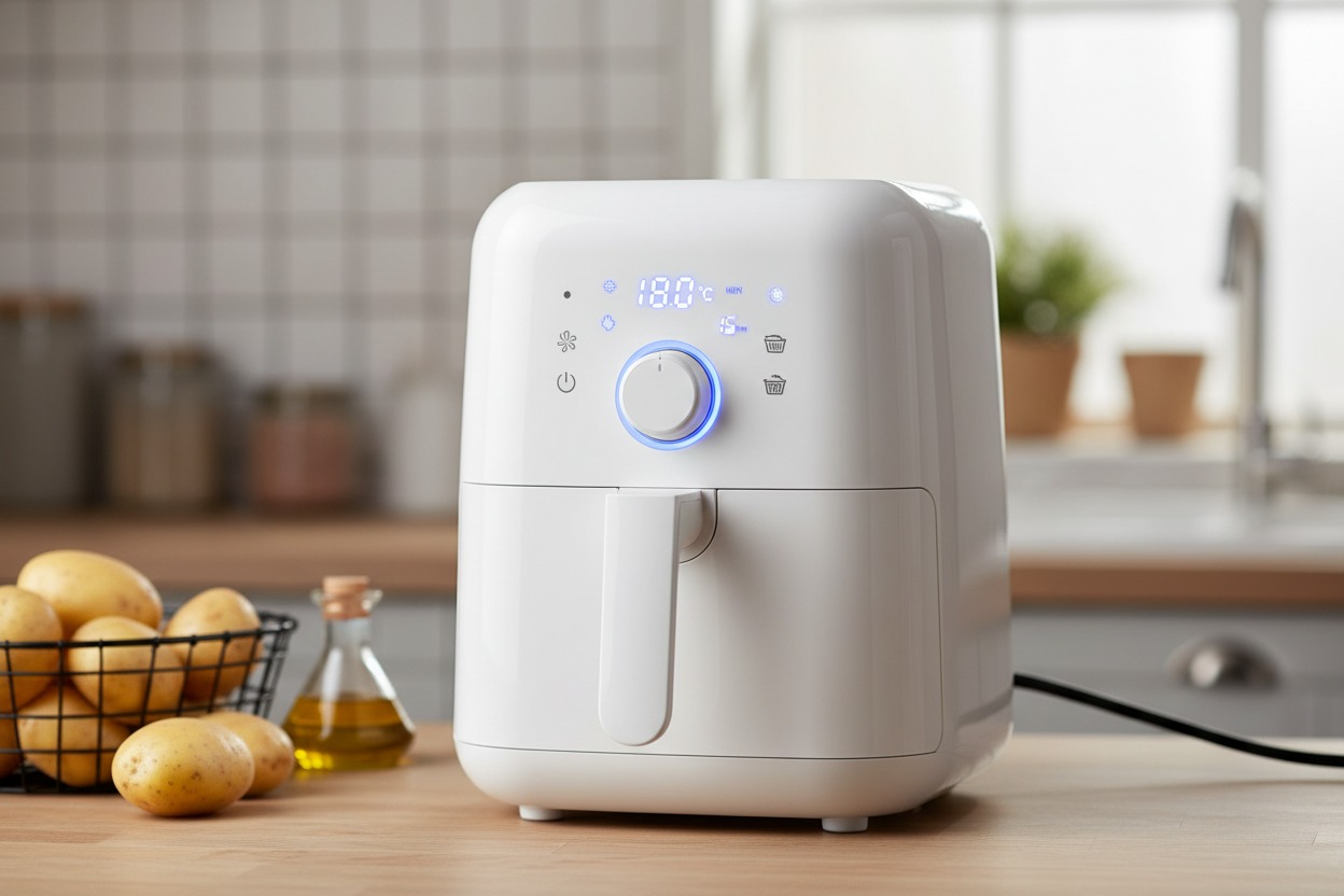 A white air fryer sits on a wooden kitchen counter next to a basket of potatoes and a bottle of oil.