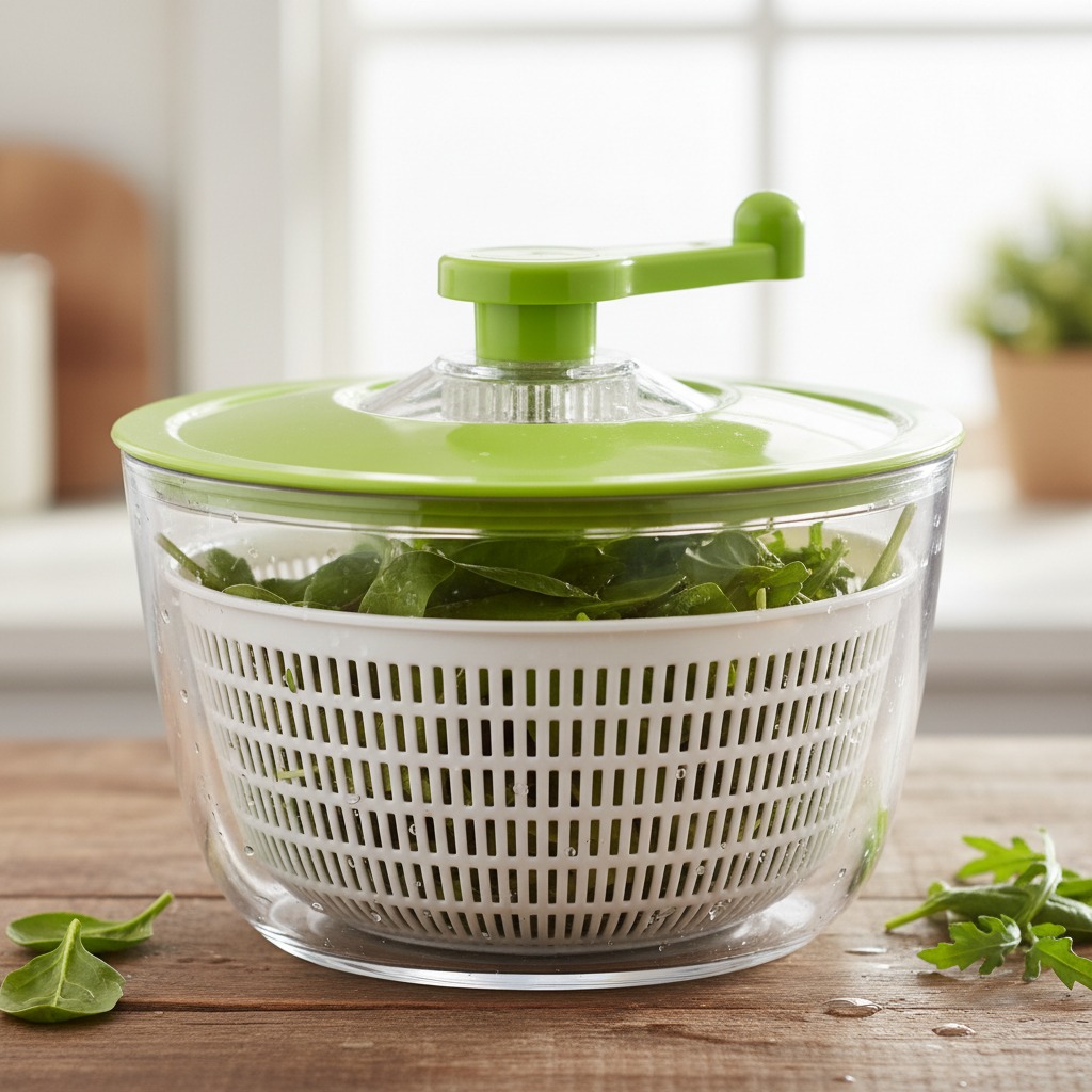 A clear salad spinner filled with fresh greens sits on a wooden table.