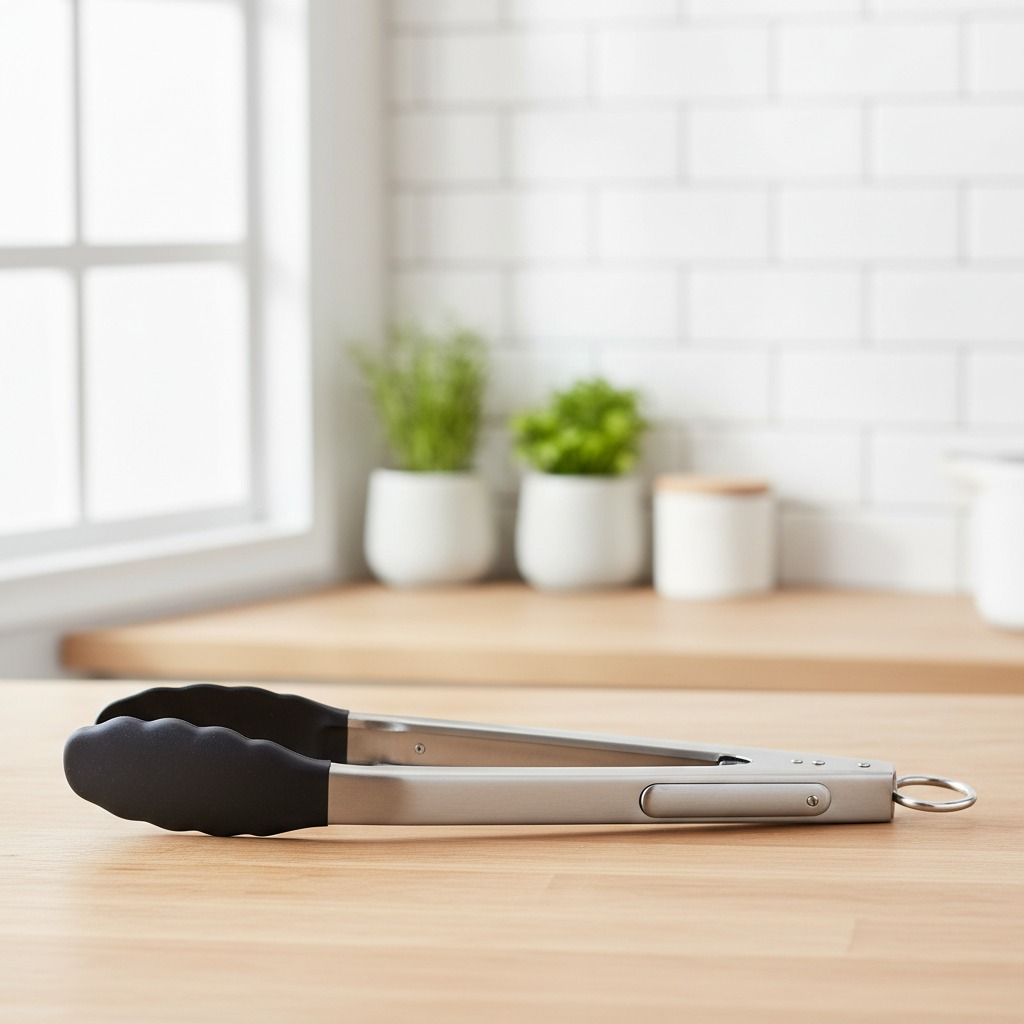 Stainless steel kitchen tongs with black silicone grips rest horizontally on a wooden countertop.
